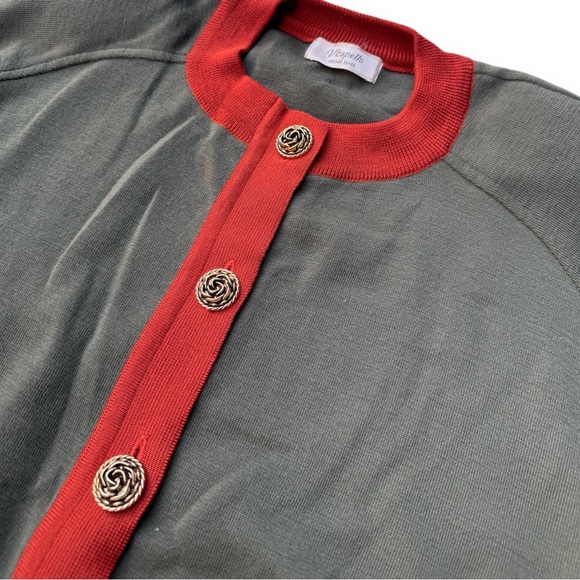 Olive Green Wool Knit Cardigan Contrast Hem Gold Buttons - Picture 4 of 11